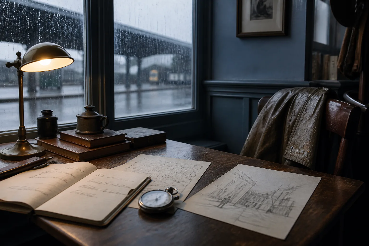 Wooden desk with annotated arrival notes, a stopwatch, and a small street sketch, soft lamp light, a raincoat draped over a chair, rain-streaked window showing a blurred station canopy outside, 1400x900