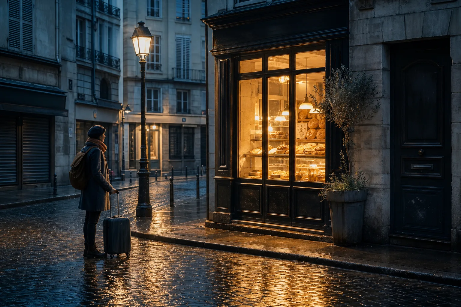Lit bakery corner after dark on a wet street, warm window glow on cobbles, a traveler with a small suitcase standing under a streetlamp, closed shutters on neighboring shops, 1400x900