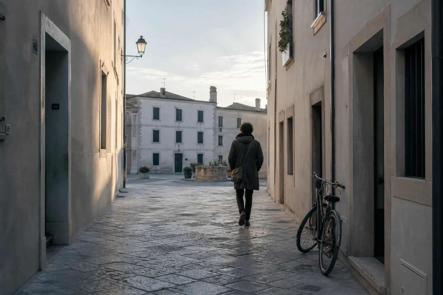 Narrow residential lane in early morning light, pale plaster walls, a single bicycle leaning by a doorway, long shadows on stone paving, a person with a shoulder bag walking slowly toward a small square at the end of the lane, 1600x1000