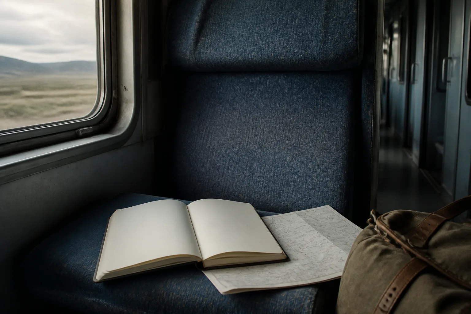 Open field notebook on a train seat beside a folded paper map, soft window light on worn fabric upholstery, a canvas day bag at the edge of the frame, quiet corridor beyond the seat, 1600x1000