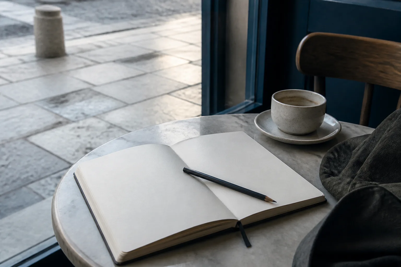 Open field notes and a pencil on a small cafe table, empty cup at the side, soft morning light through a street-facing window, stone paving visible outside, 1600x1000