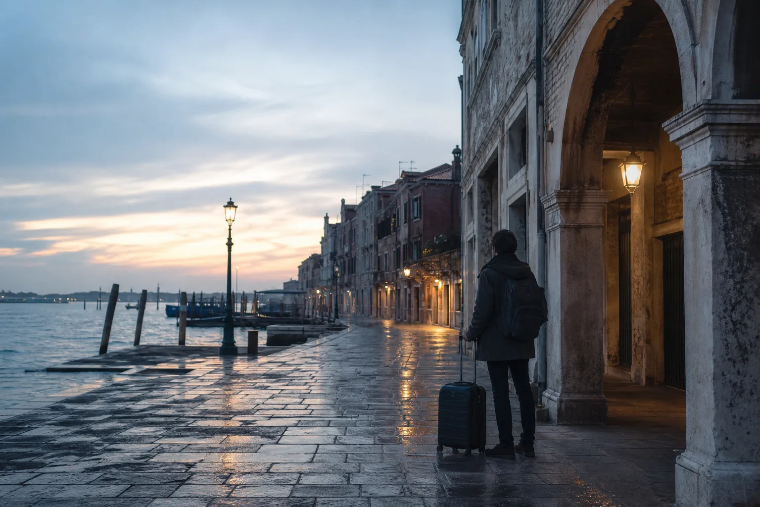 Quiet waterfront street at dusk, wet cobbles reflecting shop lamps, a traveler with a small suitcase pausing at a corner under a stone arcade, pale sky still holding last light over low rooftops, 1920x1080