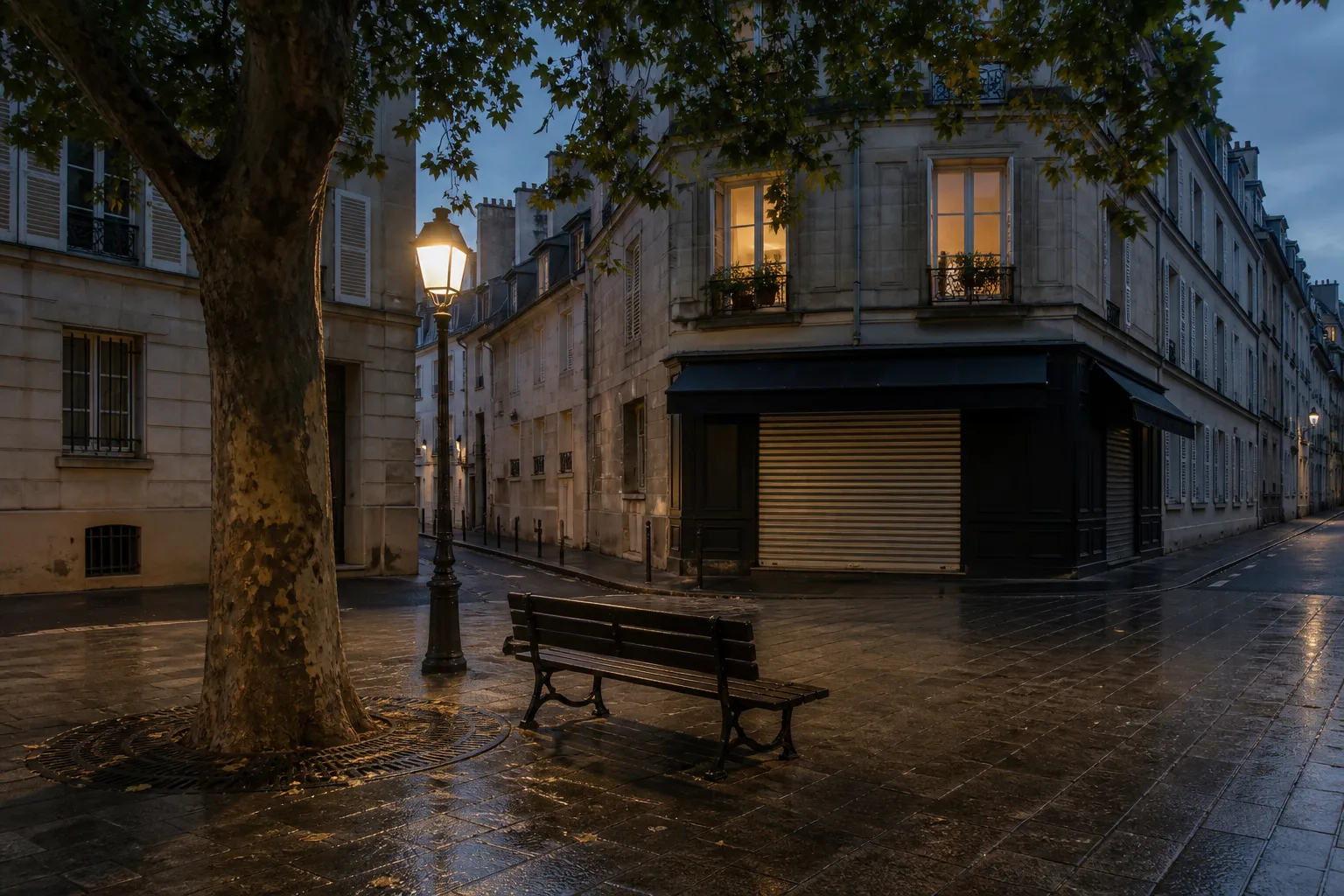 Quiet residential street corner at dusk, warm window light in upper floors, a closed bakery shutter, wet paving reflecting a single streetlamp, empty bench under a plane tree, 1600x1000