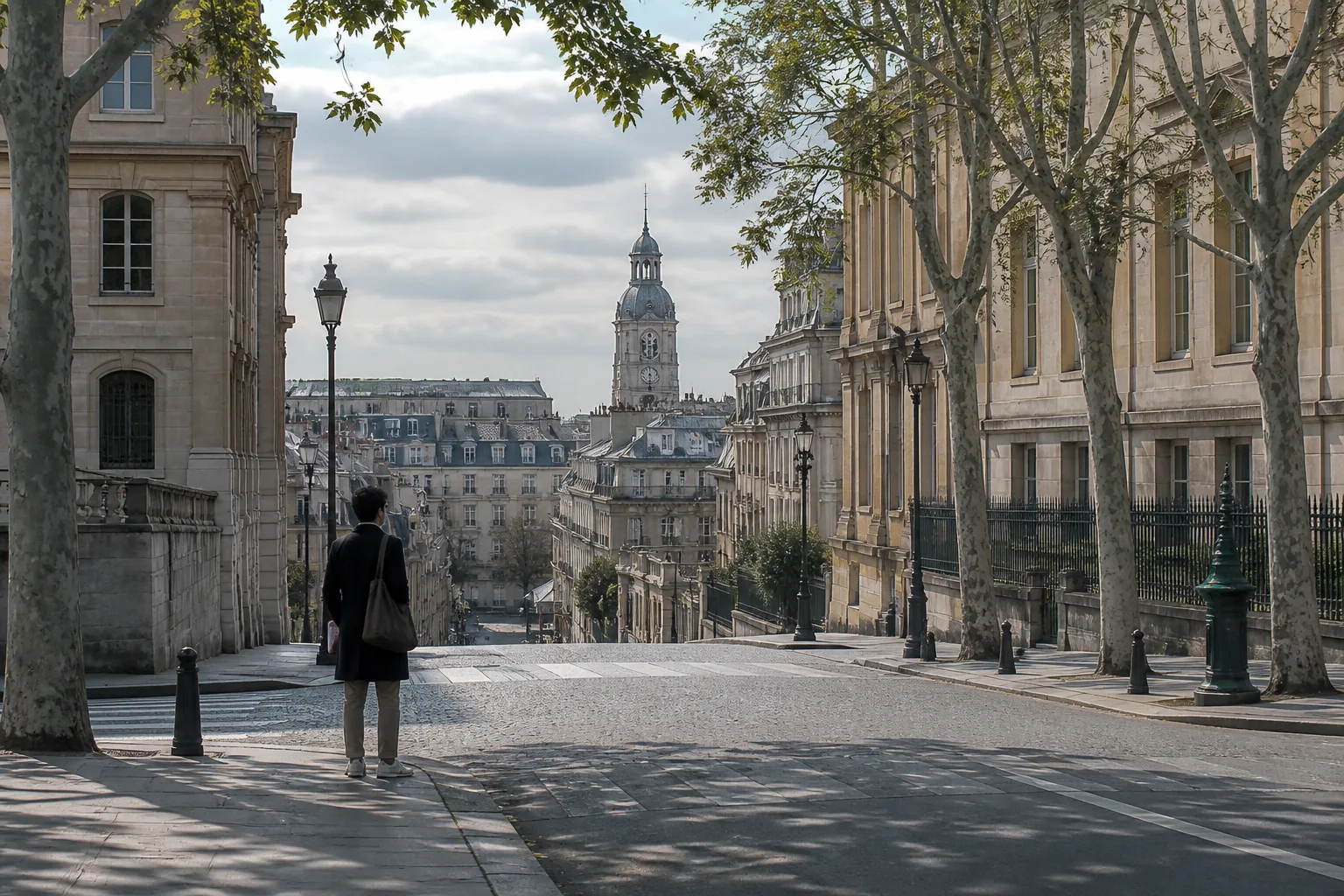 Gentle street slope leading toward a distant clock tower, plane-tree shadows on pale pavement, a person with a shoulder bag pausing at a crossing without looking at a phone, 1400x900