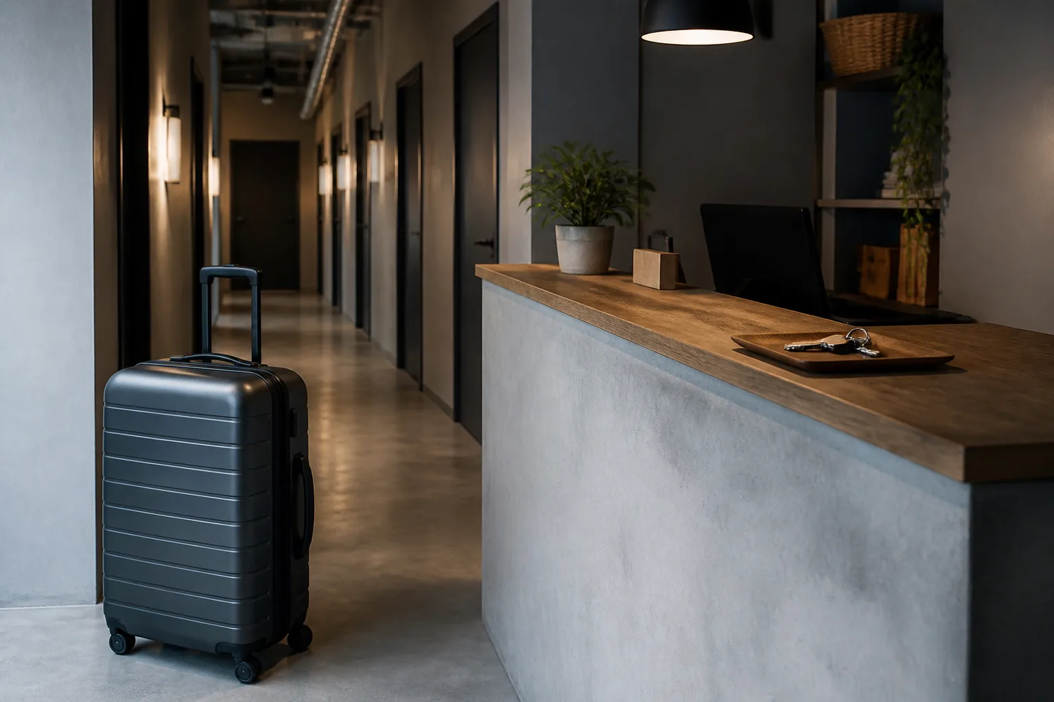 Closed suitcase standing beside a small hostel desk, key on a wooden tray, soft indoor light, corridor with numbered doors visible behind the counter, 1400x900